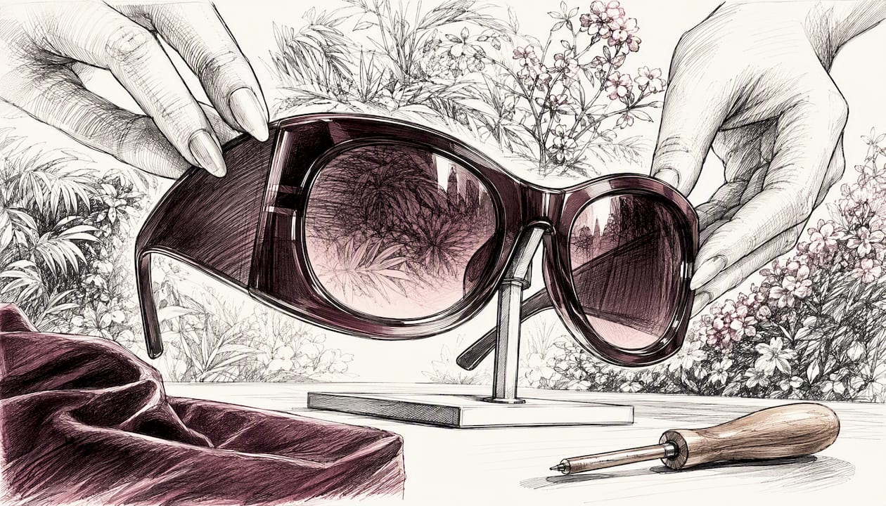 Hands adjusting oversize bug-eye sunglasses