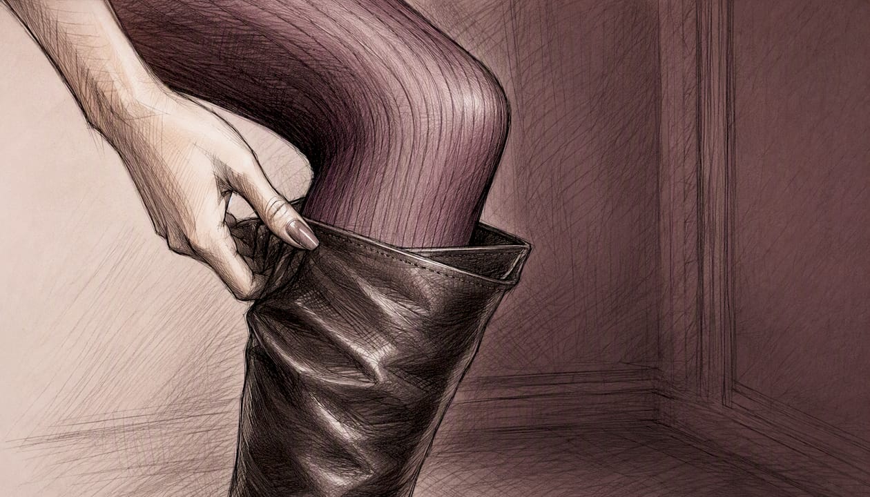 Close-up textured tights sliding into thigh high boot