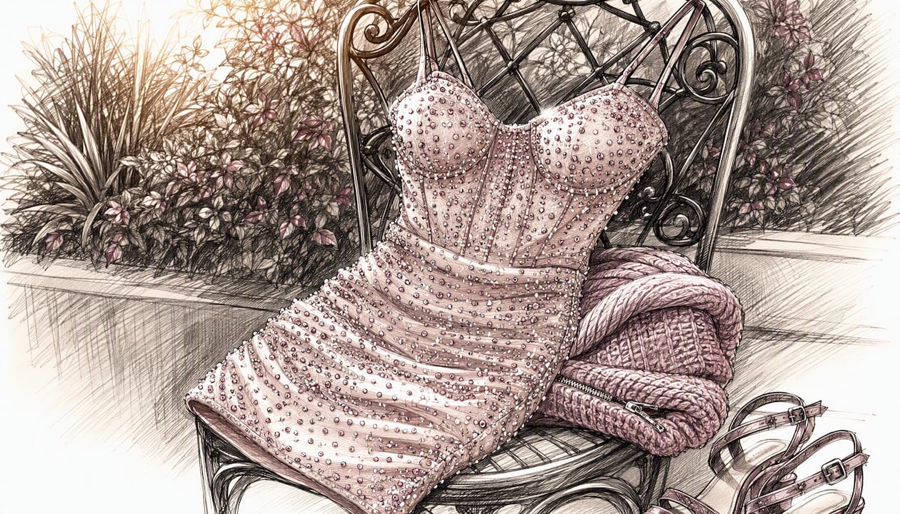 Pastel rhinestone mini dress paired with knit jacket