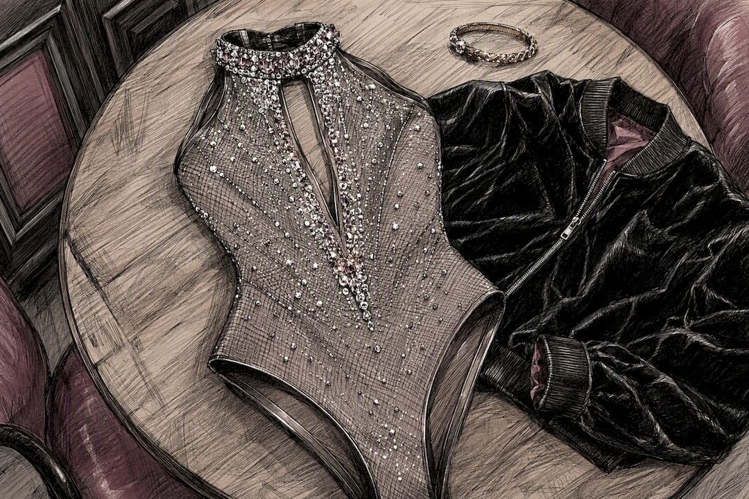 Rhinestone mesh bodysuit detail with leather jacket