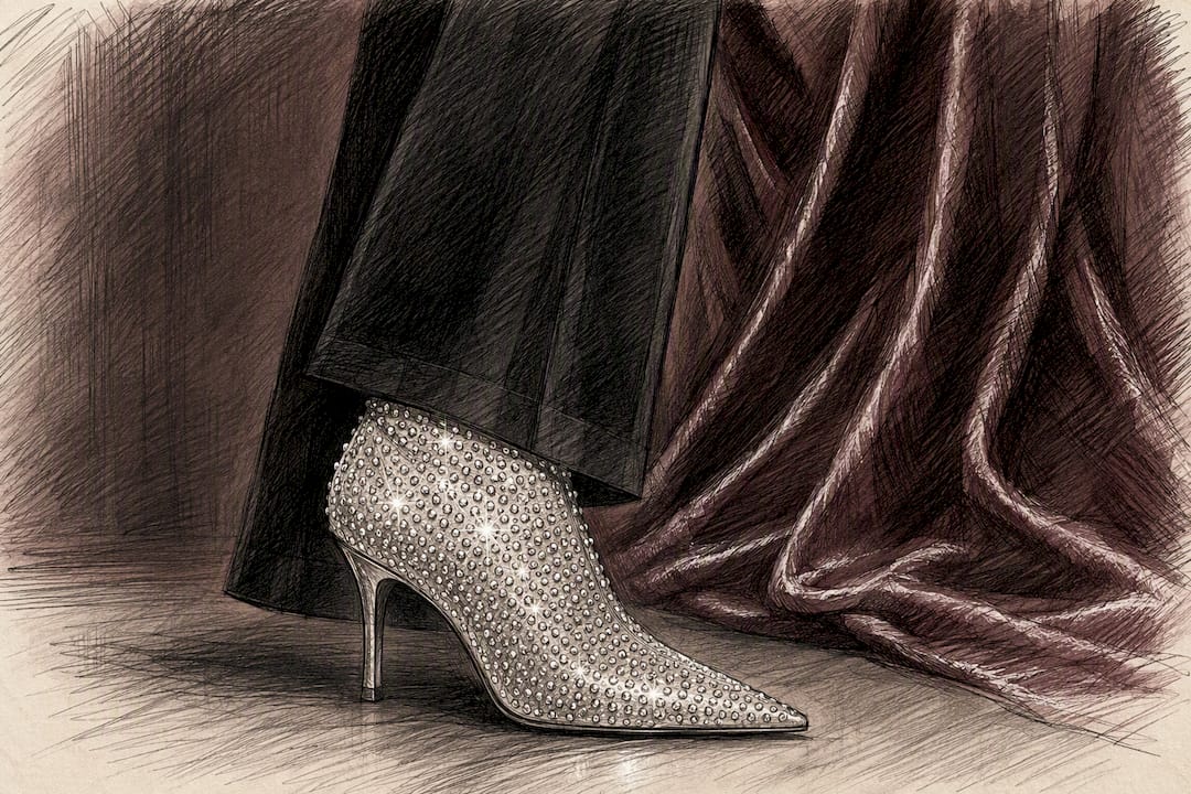 Silver rhinestone ankle boots with outfit accessories