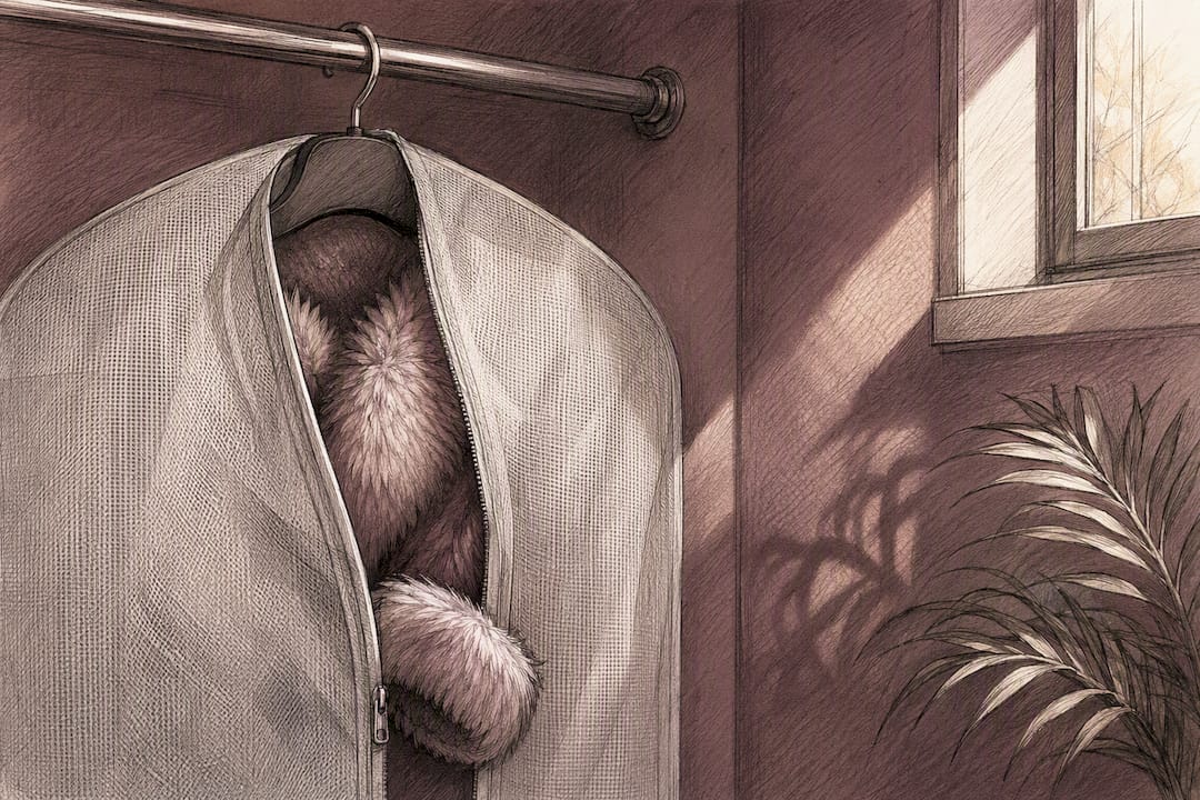 Partially covered faux fur hanging in breathable bag