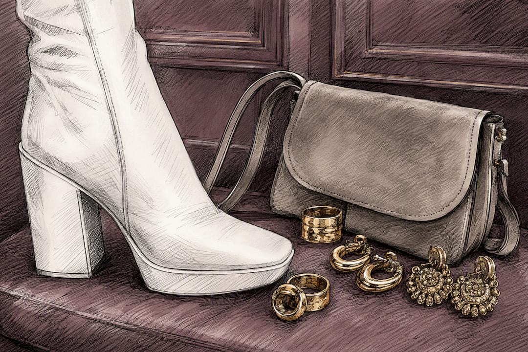White boots with gold jewelry and camel bag