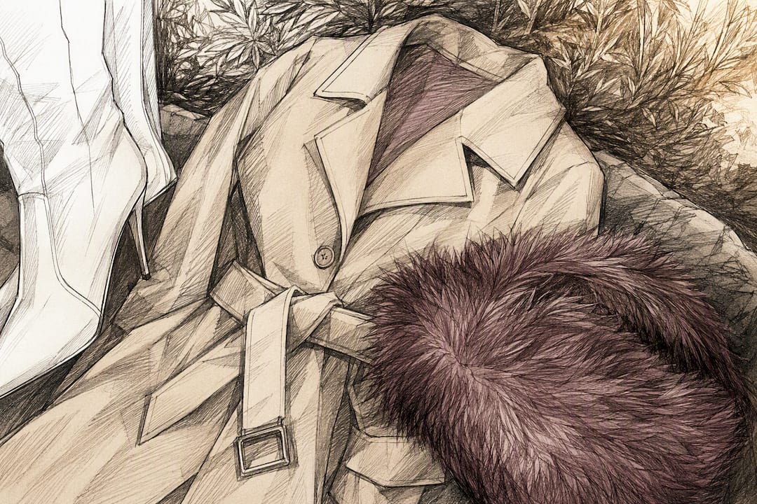 White boots with trench coat and faux fur accent