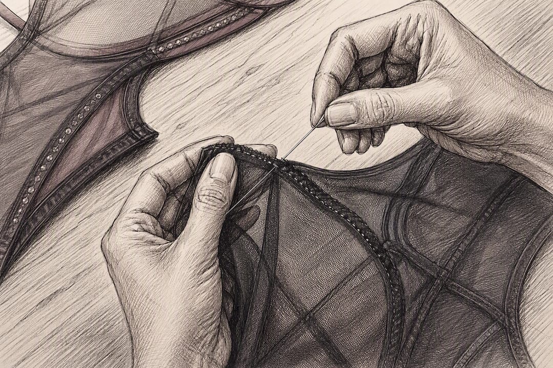 Tailor sewing mesh bodysuit seam