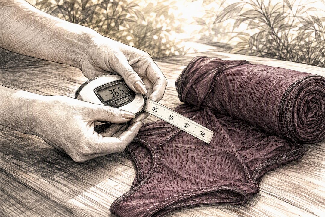Hands holding digital measuring tape and fabric