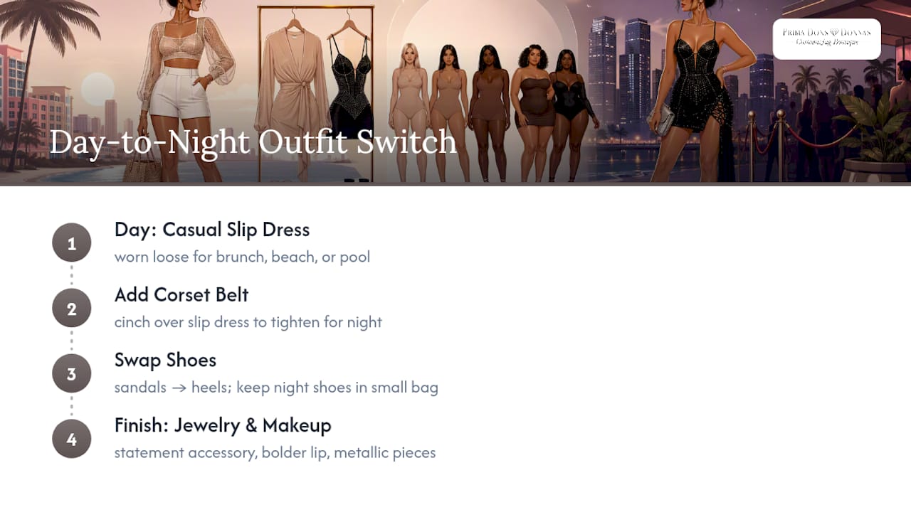 Diagram of day-to-night Miami clubwear styling steps
