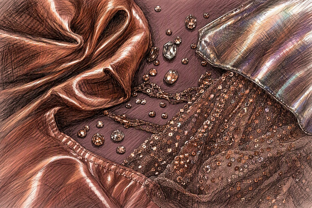 Close-up of metallic clubwear textures and rhinestones