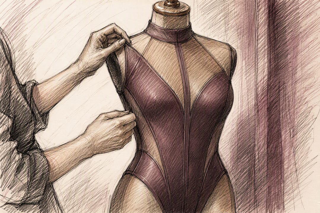 Hands adjusting custom bodysuit on mannequin torso