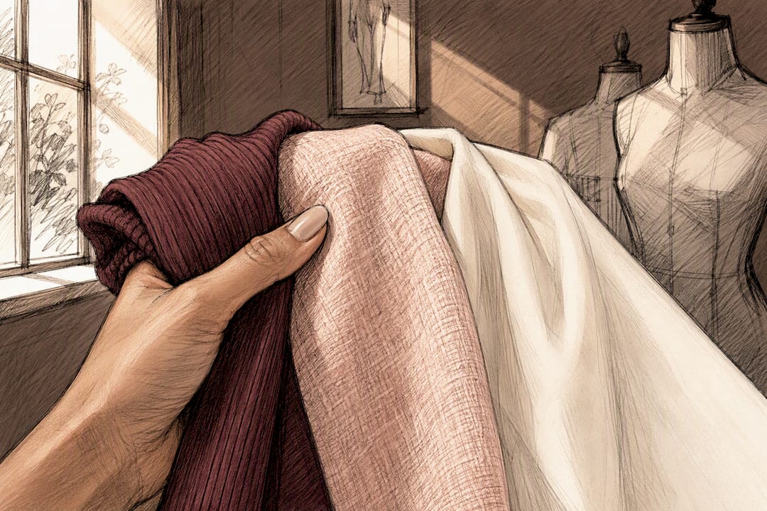 Hand holding ribbed, linen, and viscose fabric swatches