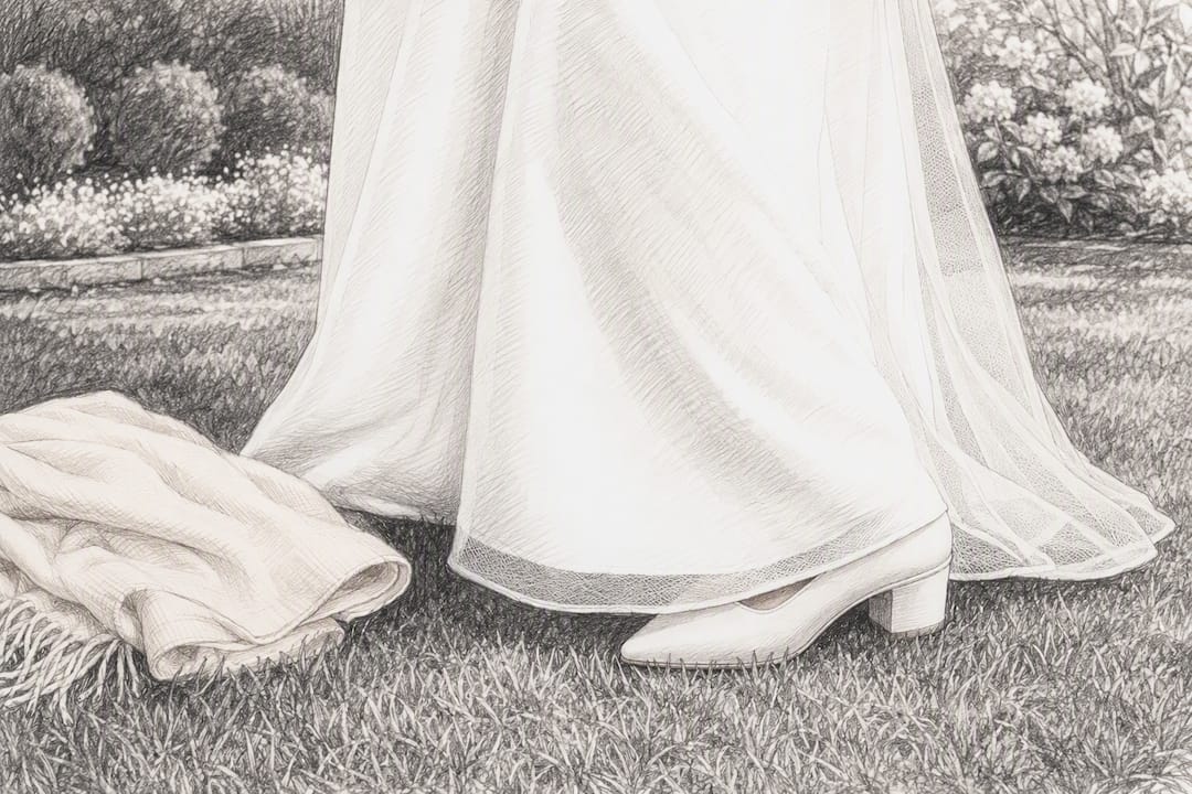 White dress hem with low block heel outdoors
