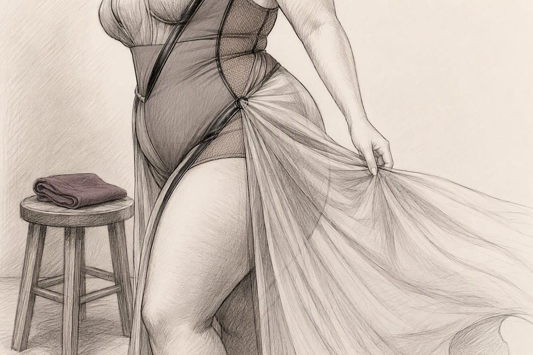 Fitted bodysuit and flowing dress layers