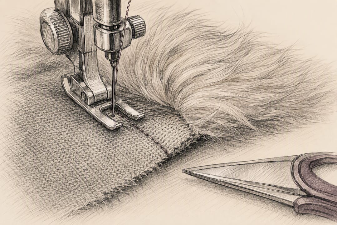 Needle stitching through faux fur backing