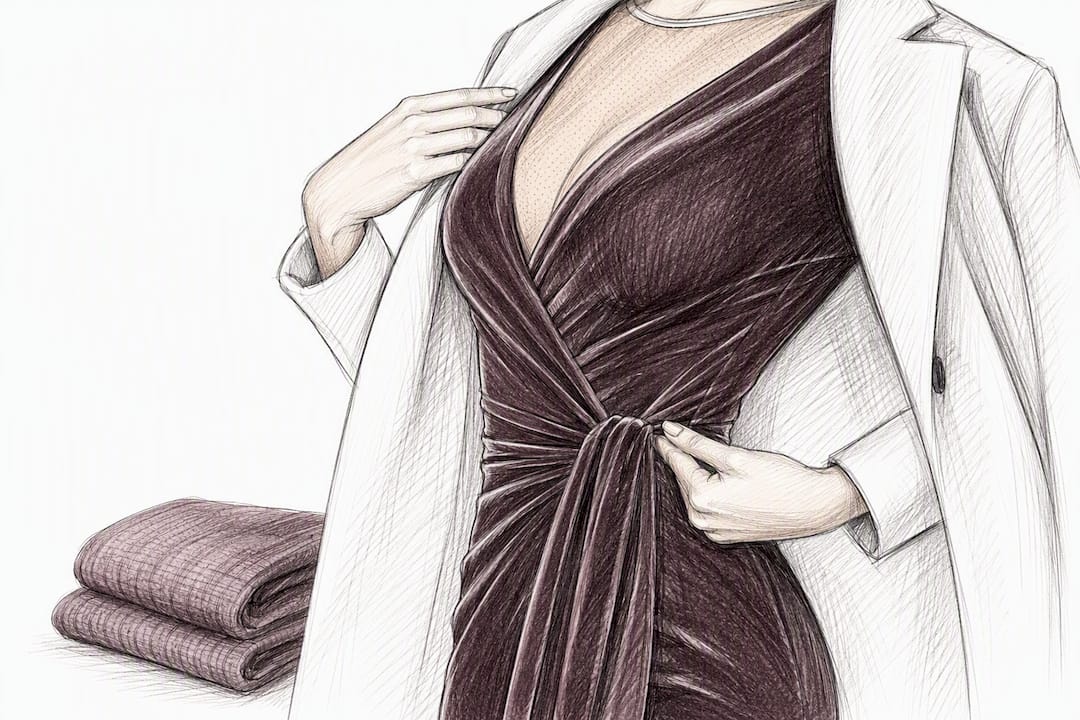 Close-up of custom wrap dress waist fit