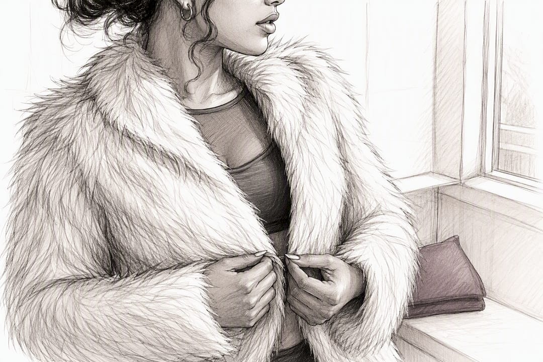 Faux-fur outerwear layered over clubwear