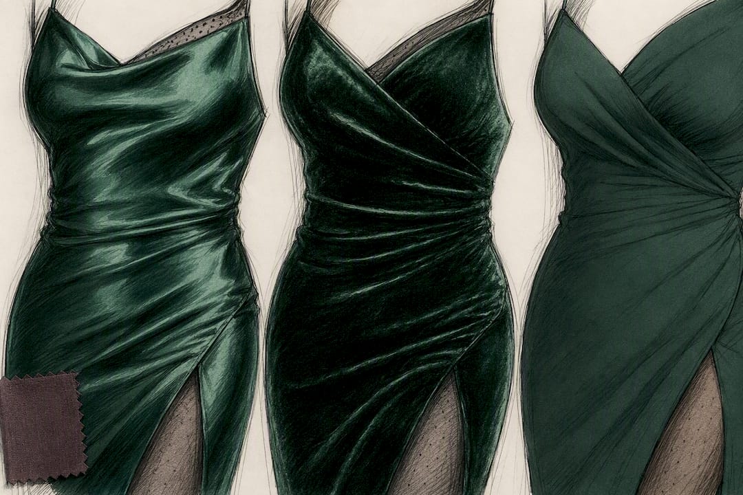 Emerald dress fabrics showing different finishes