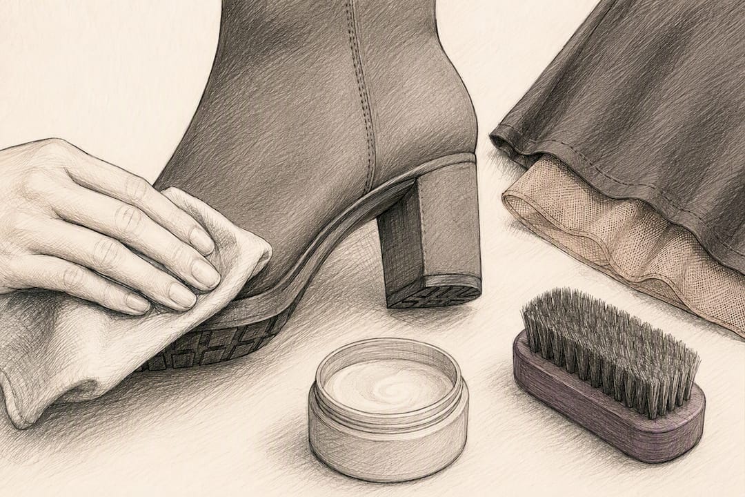 Cloth and brush beside cropped boot detail