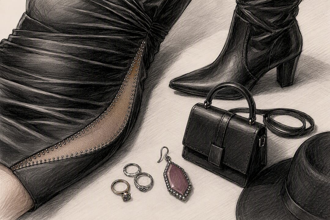 Accessories arranged with dress and boot details