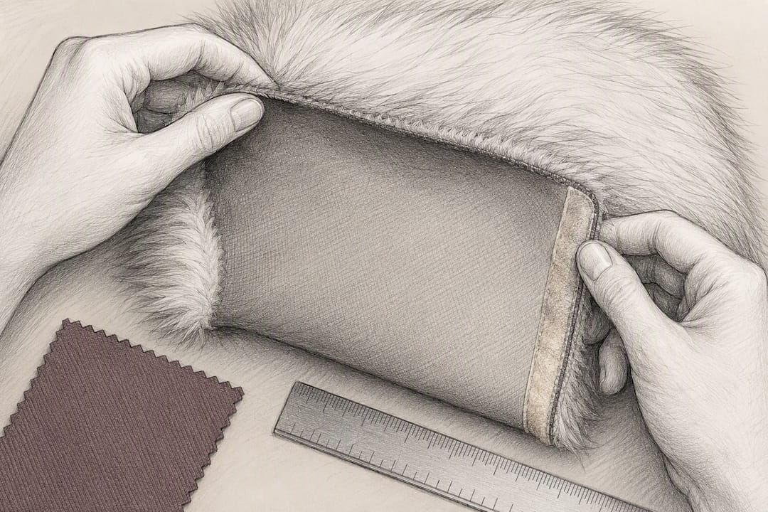 Hands inspecting the backing of faux fur