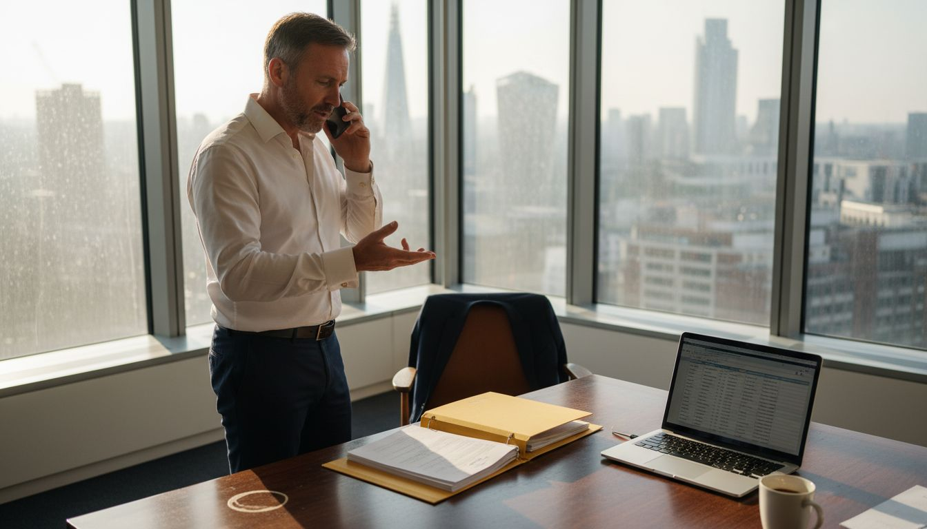 Finance advisor on phone in UK office