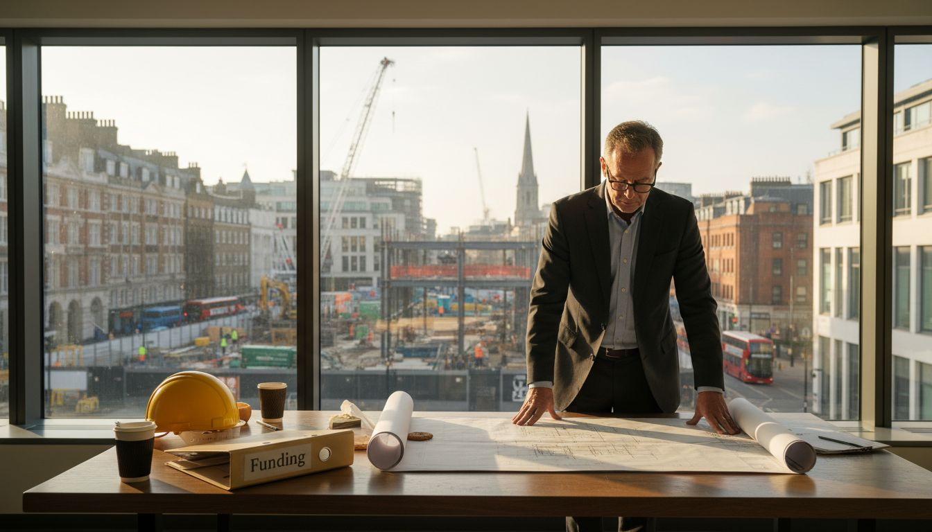 Developer reviewing blueprints in city office