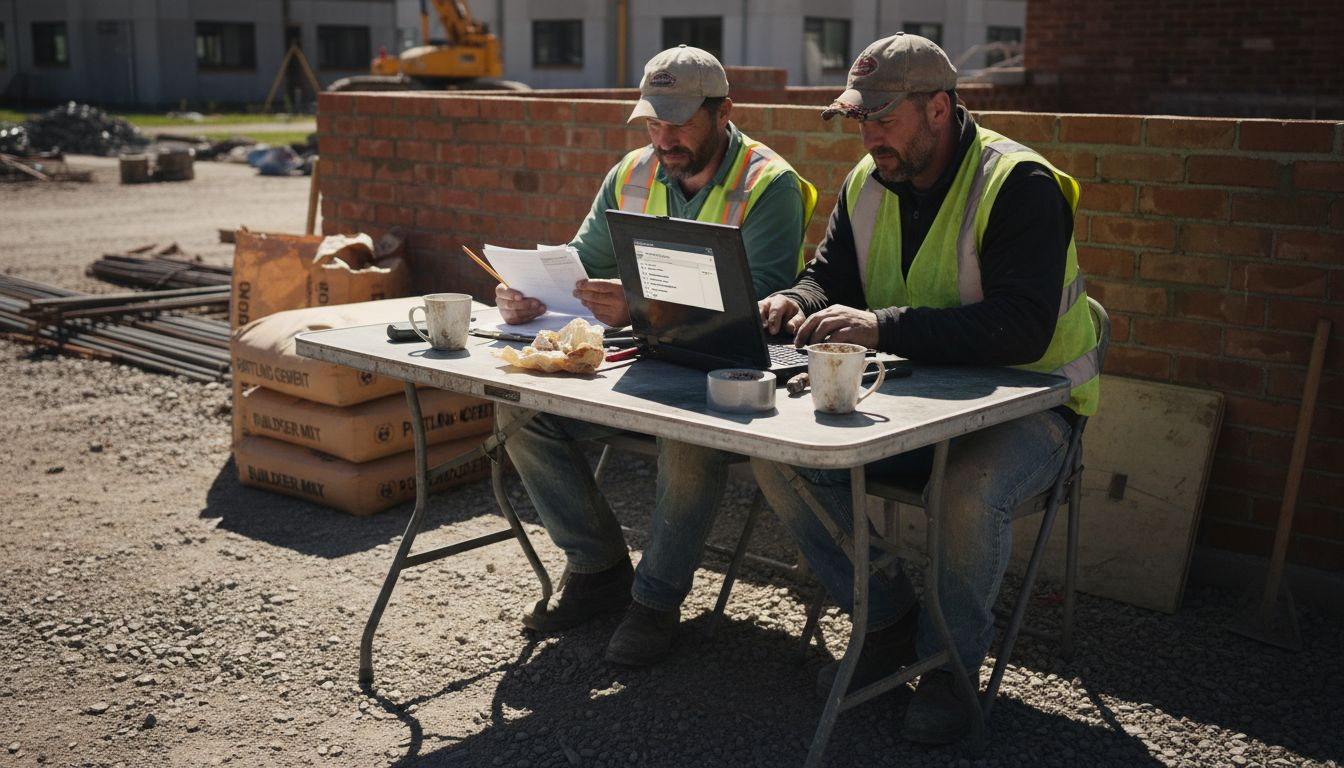Builders managing project finances on-site