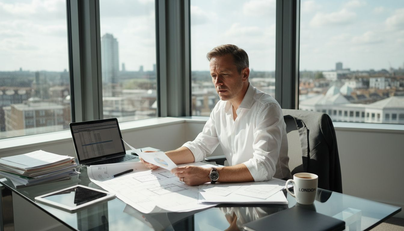 Property developer reviews funding documents in office