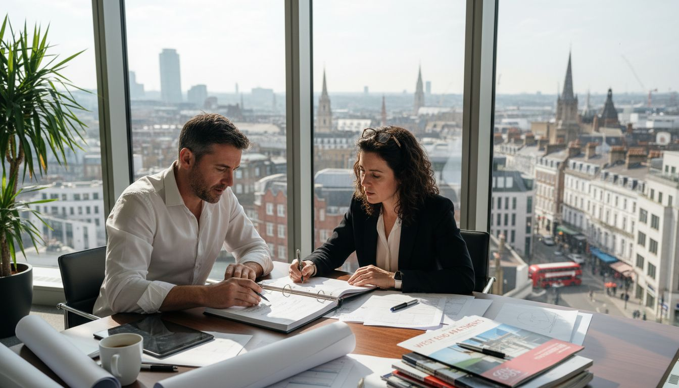 Executives reviewing UK property finance reports