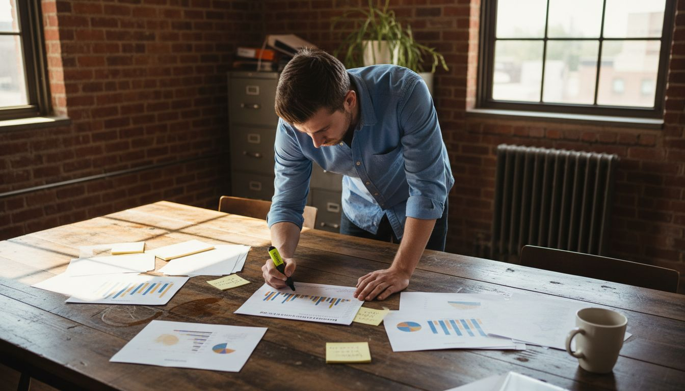 Financial analyst reviewing funding breakdown documents