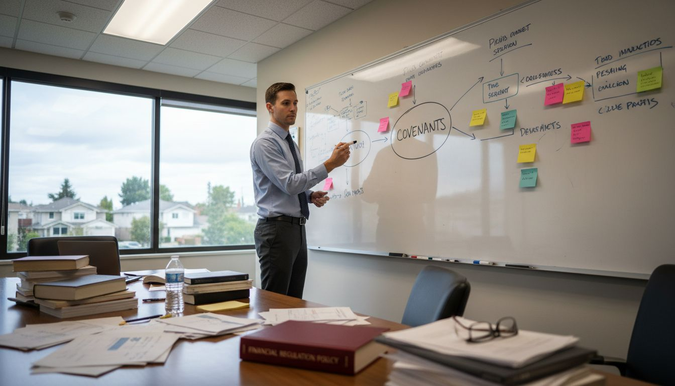 Analyst reviews secured loan structures at whiteboard