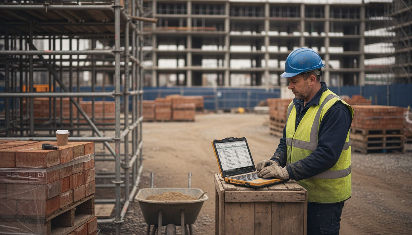 Site manager reviews finance at construction site