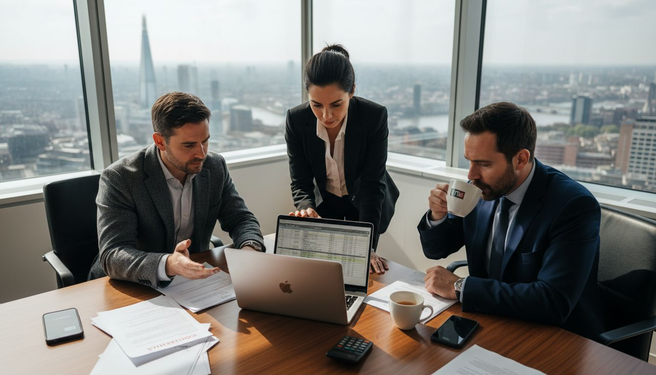 Business team reviews funding papers in office