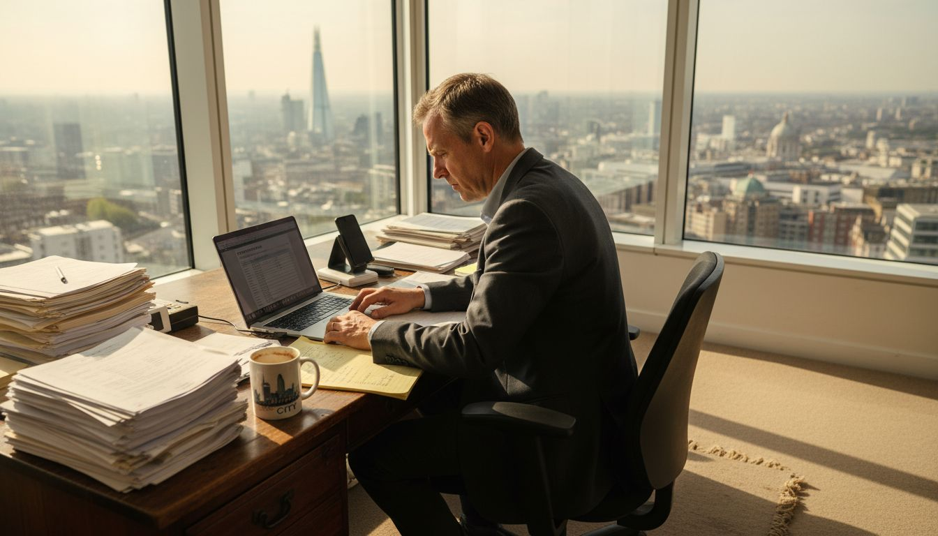 Advisor working in bright corner office UK