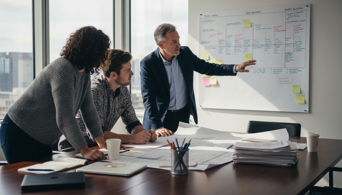 Development team reviewing finance blueprints at office table
