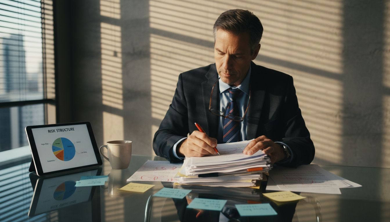 Lender reviewing financial paperwork at desk
