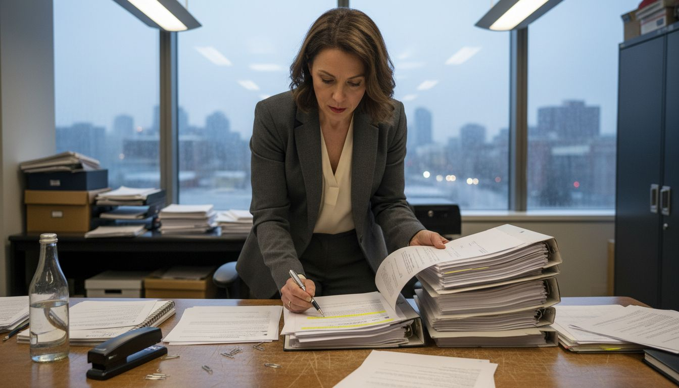 Woman reviewing mortgage paperwork in solicitor’s office