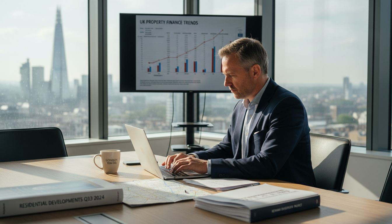 Property developer reviewing finance spreadsheet in London