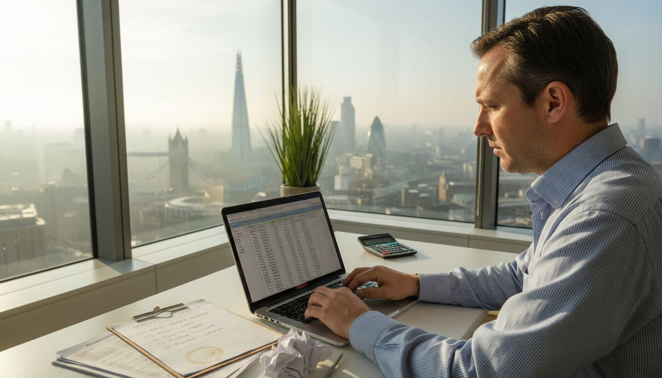 Property developer in London office reviewing finance paperwork