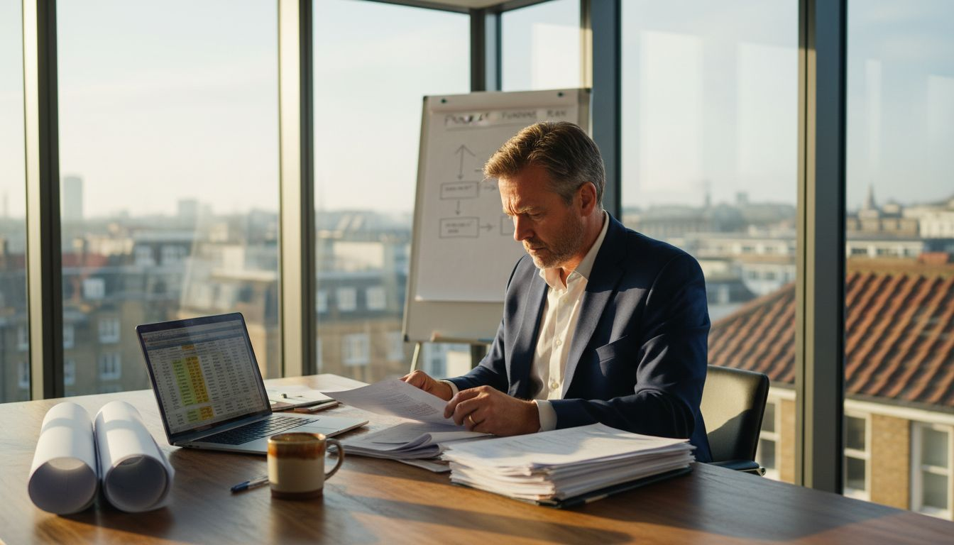 Property developer reviewing finance documents in London office