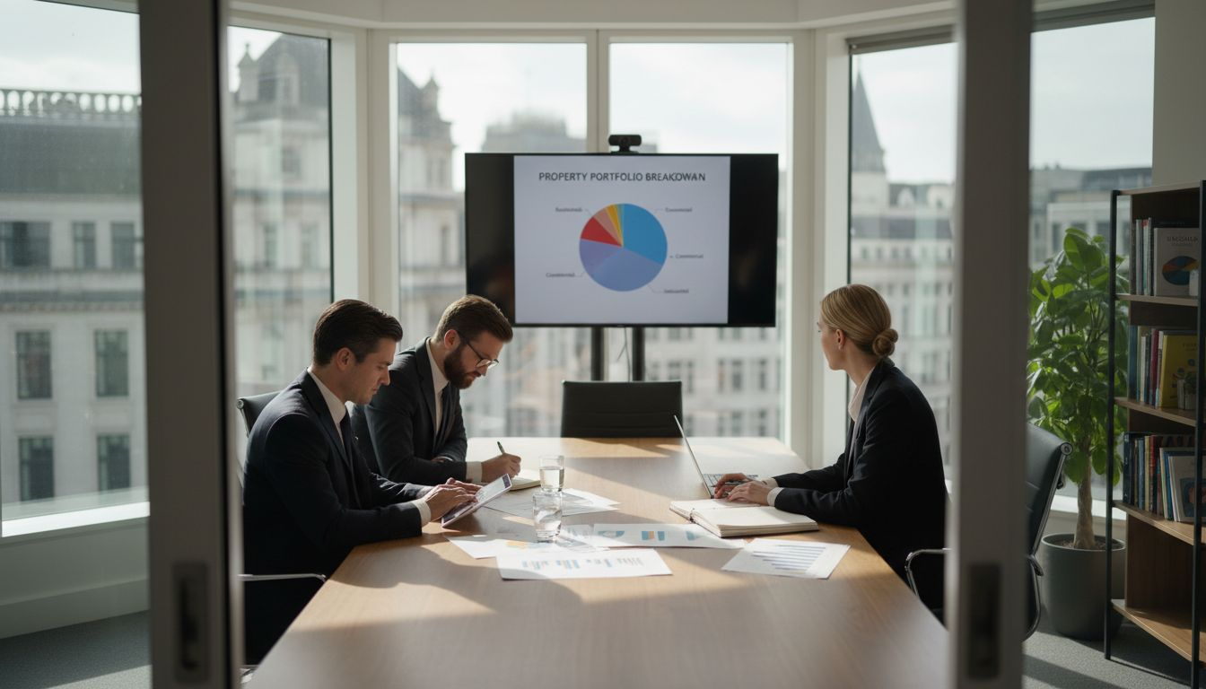 Business professionals review property finance reports