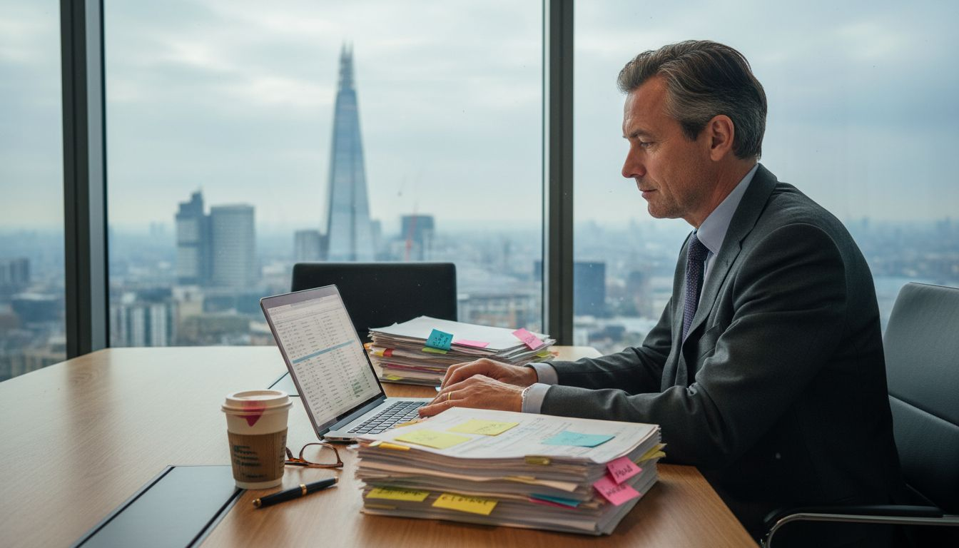 Investor working at finance meeting table