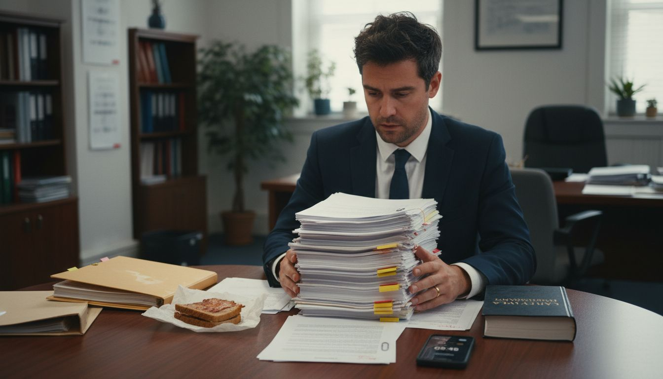 Solicitor reviewing property deal contracts at table