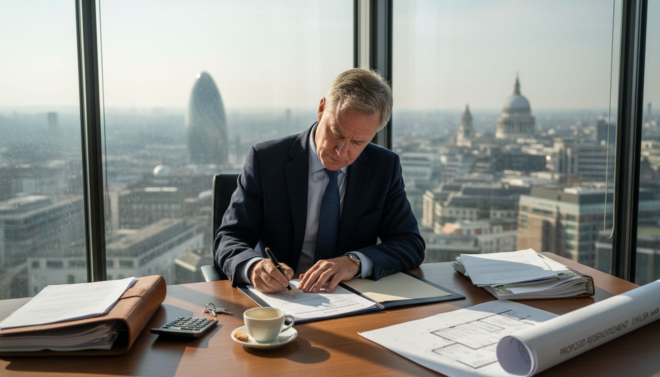 Businessman signing commercial mortgage in London office