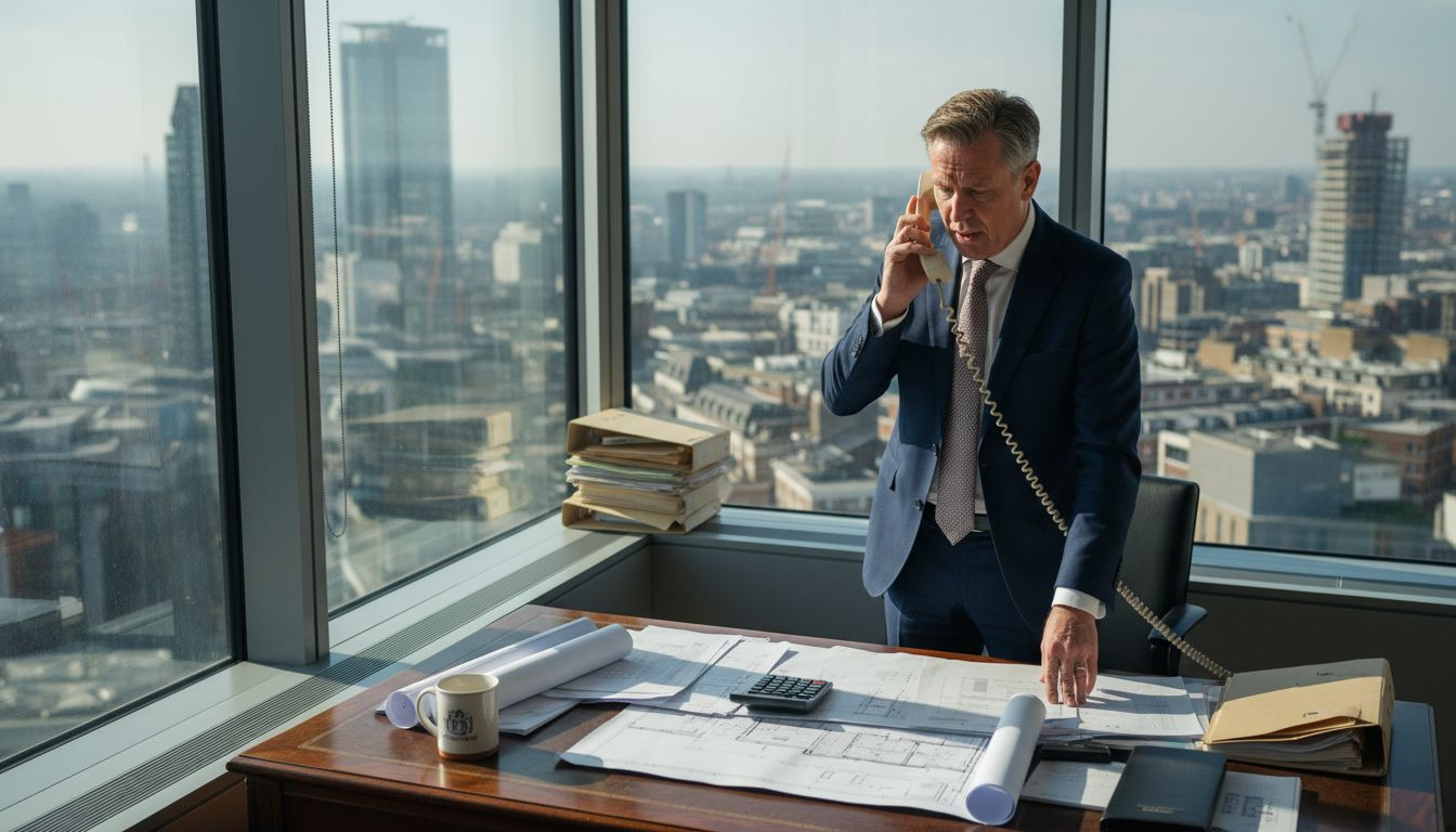 Property developer reviewing plans in office