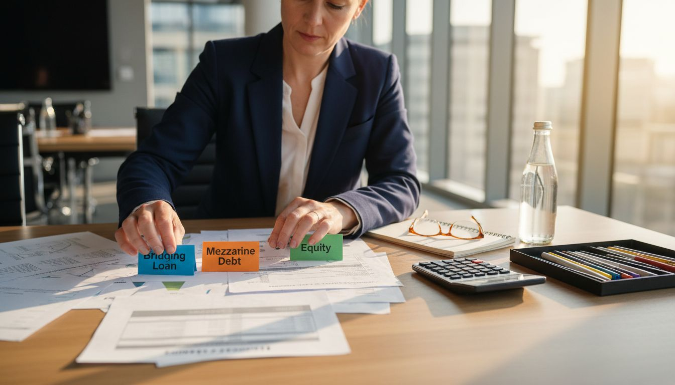 Finance director organizing multi-layered funding stack