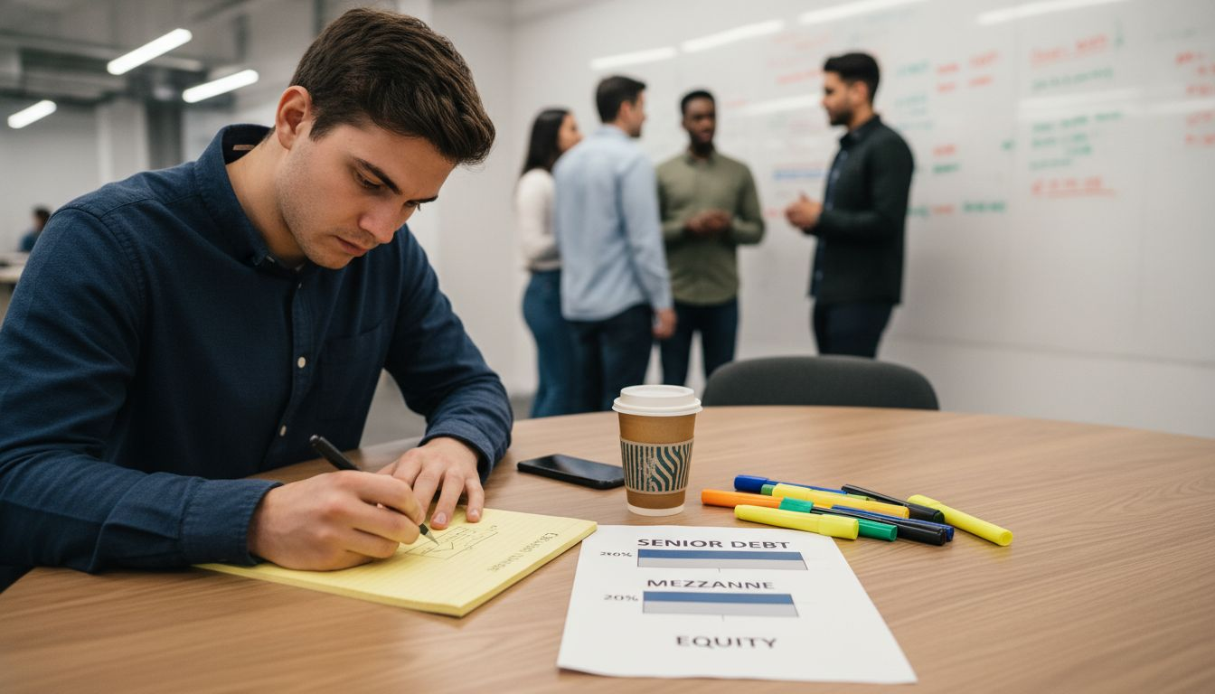 Analyst sketching capital stack finance diagram