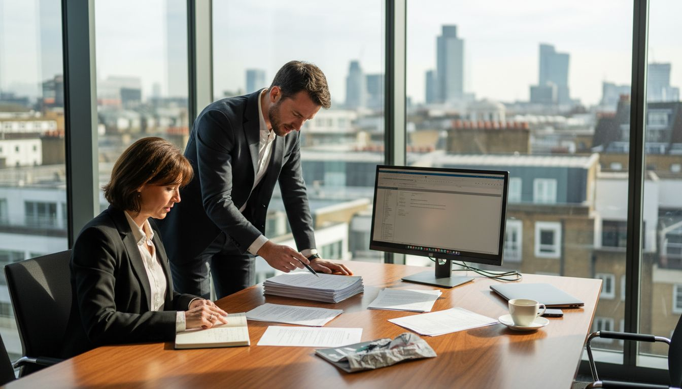 Property developer and finance broker reviewing loan documents
