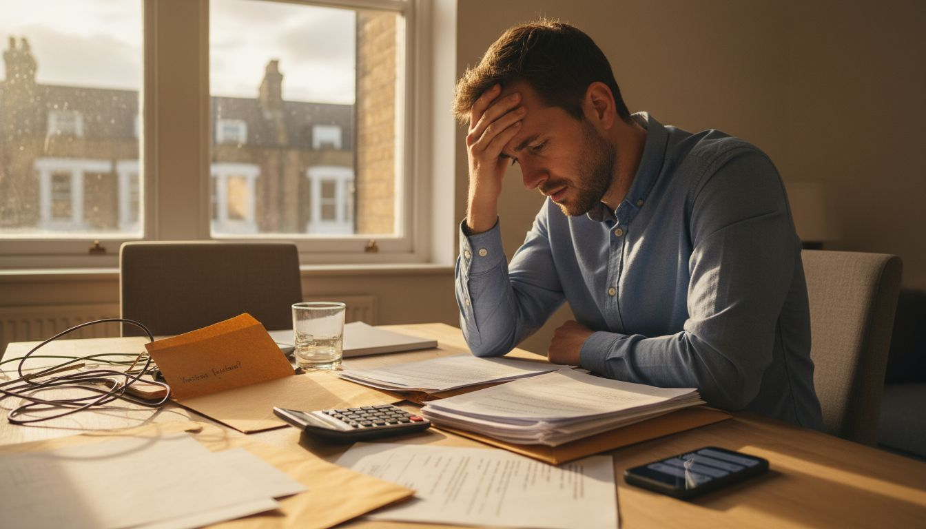 Business owner stressed by mortgage paperwork
