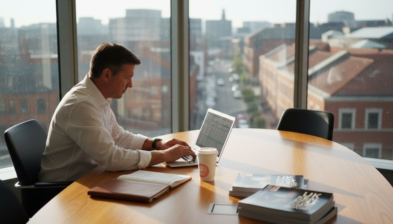 Developer reviewing mezzanine finance spreadsheet in city office