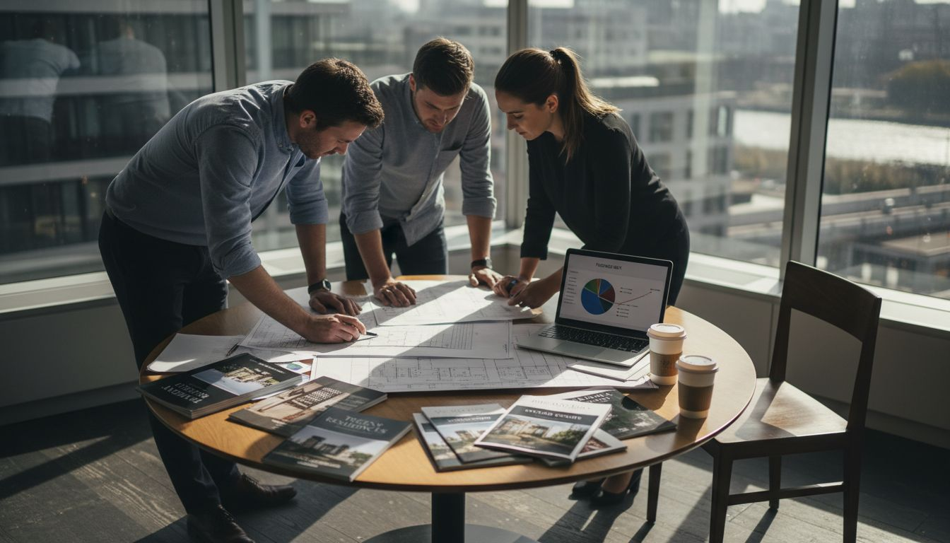 Developers meeting in sunlit office with plans